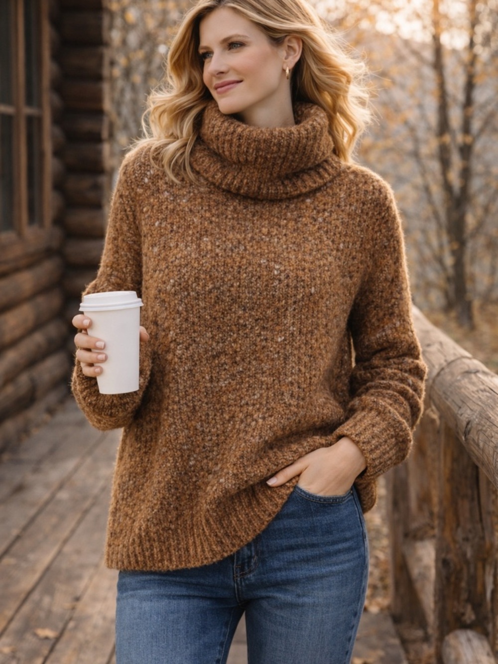 POL Chunky Turtleneck Sweater Neutral Oversized Cozy Knit Large